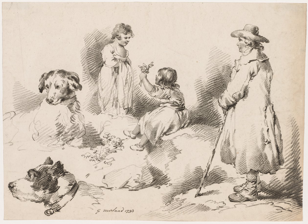 Çocuk Çalışmaları (İki Küçük Kız); İki köpek; Bir adam by after George Morland