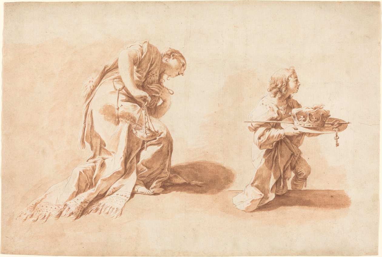 Tütsü Ocağı ve Taç ve Asa Tutan Bir Sayfası olan Diz çökmüş bir Kadın by after Giovanni Battista Pittoni the younger Anton Kern