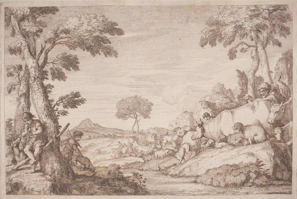 Ağacın Yanında Flüt Çalan Bir Çocukla Pastoral Bir Yolculuk by after Giovanni Benedetto Castiglione Gaetano Zompini