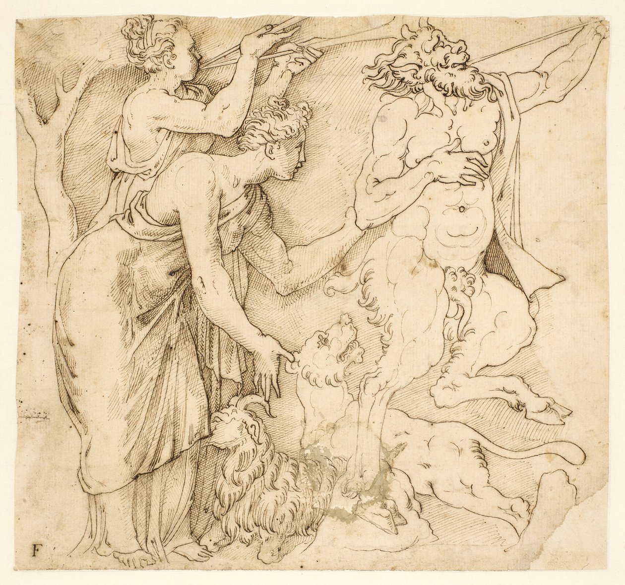 Bir satir, iki kadın, bir aslan ve bir keçi by after Giulio Romano