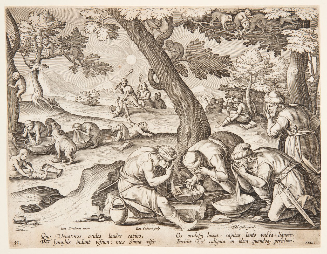 Avcıları taklit eden maymunlar by after Jan van der Straet, called Stradanus
