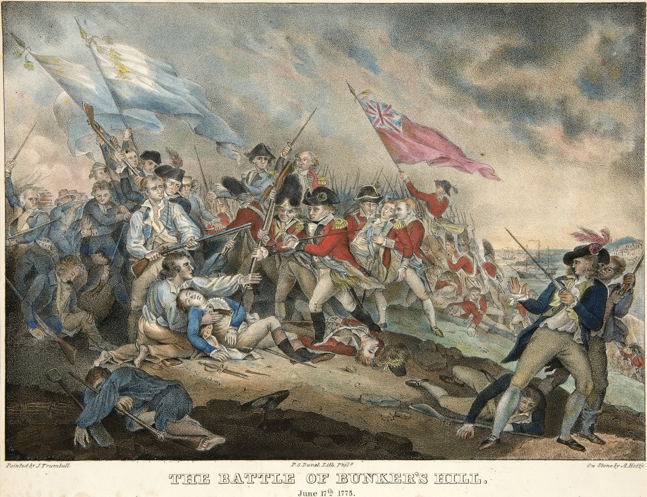 Bunkers Hill Savaşı, 17 Haziran 1775, Alfred Hoffy (c.1790-1860), pub. 1786 (el renkli gravür) by after John Trumbull