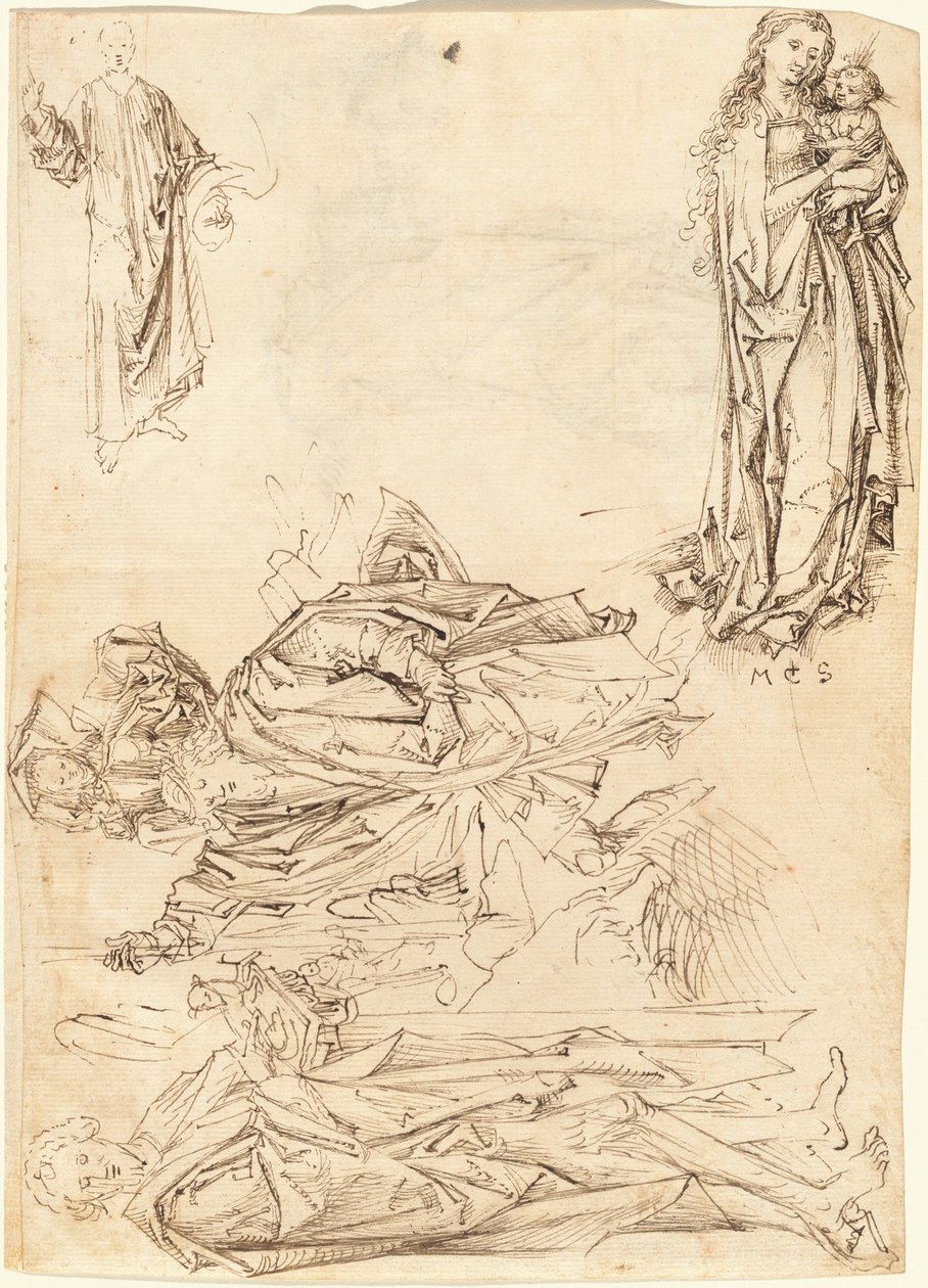 Aziz Christopher, Vaftizci Yahya, Bakire ve Çocuk ve Mesih Kutsaması (rekto) by after Martin Schongauer Master of the Drapery Studies