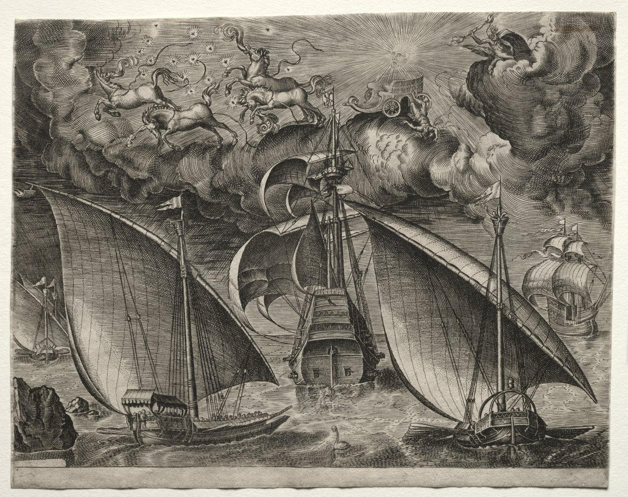 Yelkenli Gemiler: Gökyüzünde Phaeton ve Jüpiter ile Silahlı Üç Ustanın Arkasında Yelken Açan İki Kadırga by after Pieter Bruegel