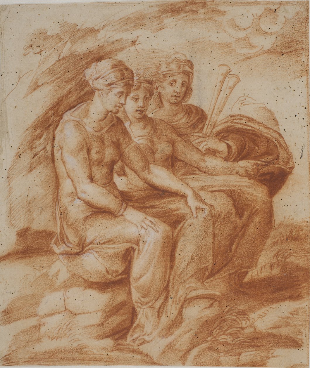 Bir manzarada oturan üç kadın, biri çift düdükle by after Pirro Ligorio