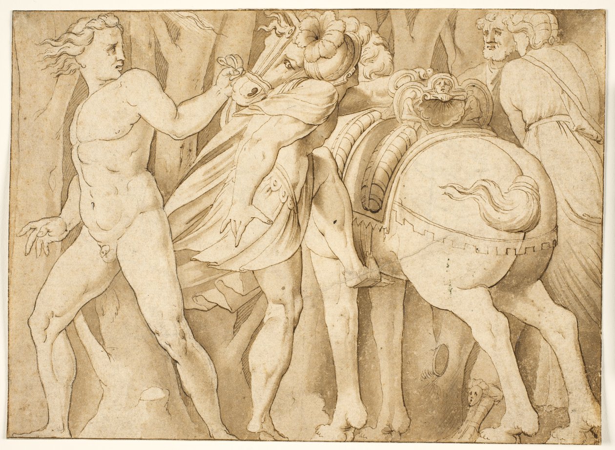Roma tarihinden bir sahne mi? Çıplak bir adam tarafından tutulan bir ata binen bir adam by after Polidoro da Caravaggio
