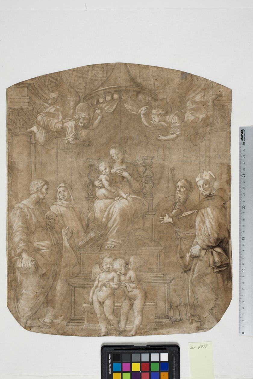 Aziz Peter, Bernard (veya Bruno), James, Augustine ve dört melek, Madonna del Baldacchino ile Madonna ve Çocuk by after Raphael