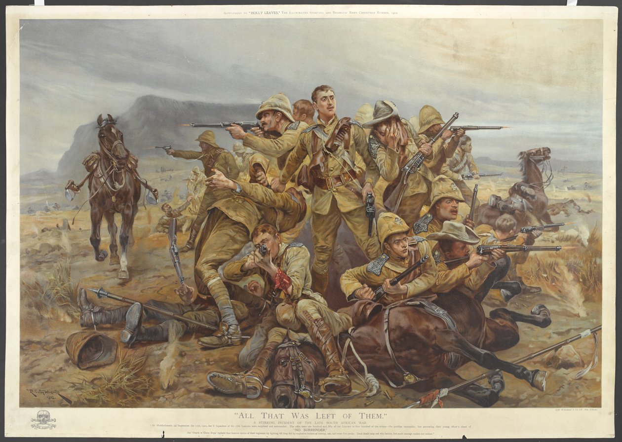 Onlardan geriye kalan tek şey, Modderfontein yakınlarındaki 17. Lancers, 17 Eylül 1901 (renkli kromolito) by after Richard Caton II Woodville
