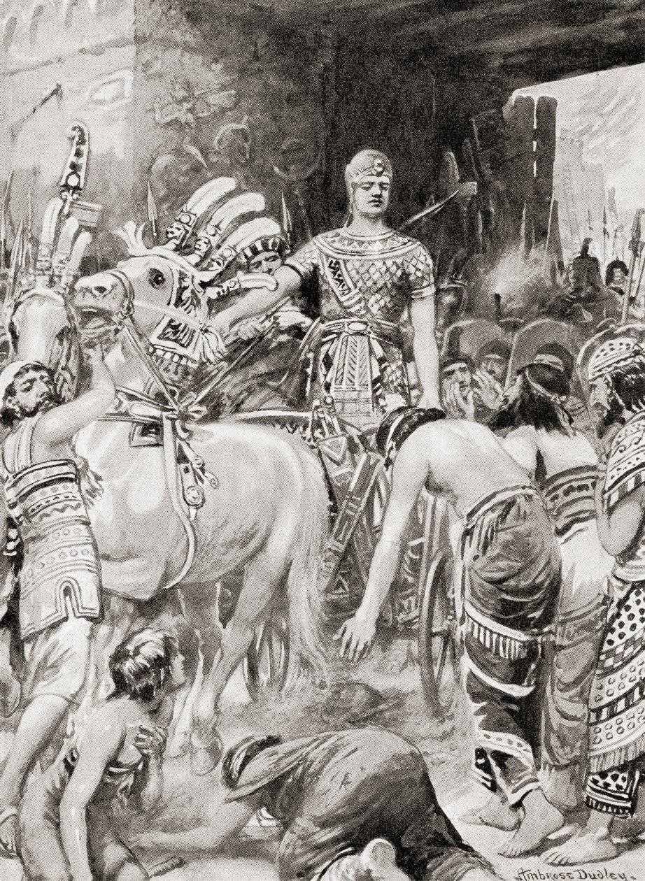 Mısırlı Psamtik I, Hutchinsons Uluslar Tarihinden Azotus veya Aşdod şehrine girerken, pub.1915 by after Robert Dudley