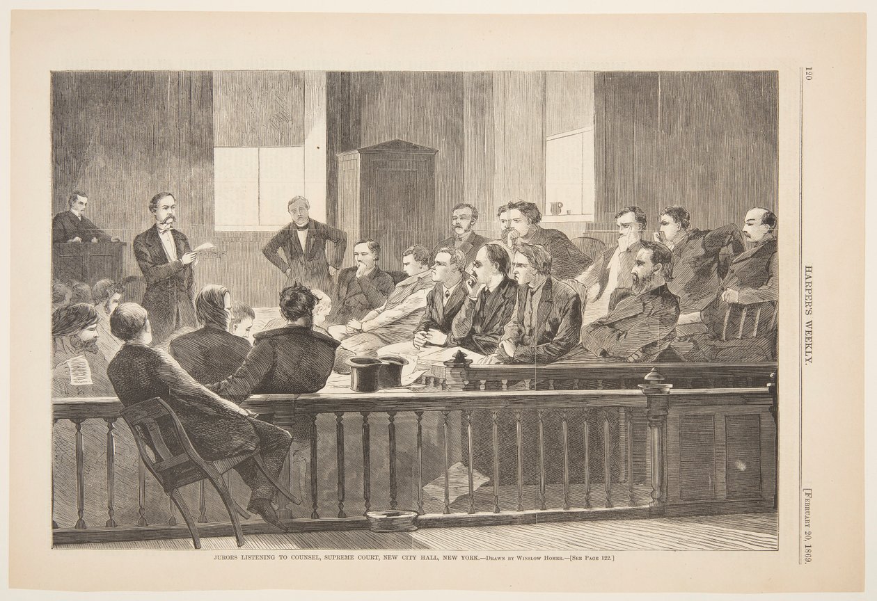 Avukatı Dinleyen Jüri Üyeleri, Yüksek Mahkeme, New City Hall, New York by after Winslow Homer