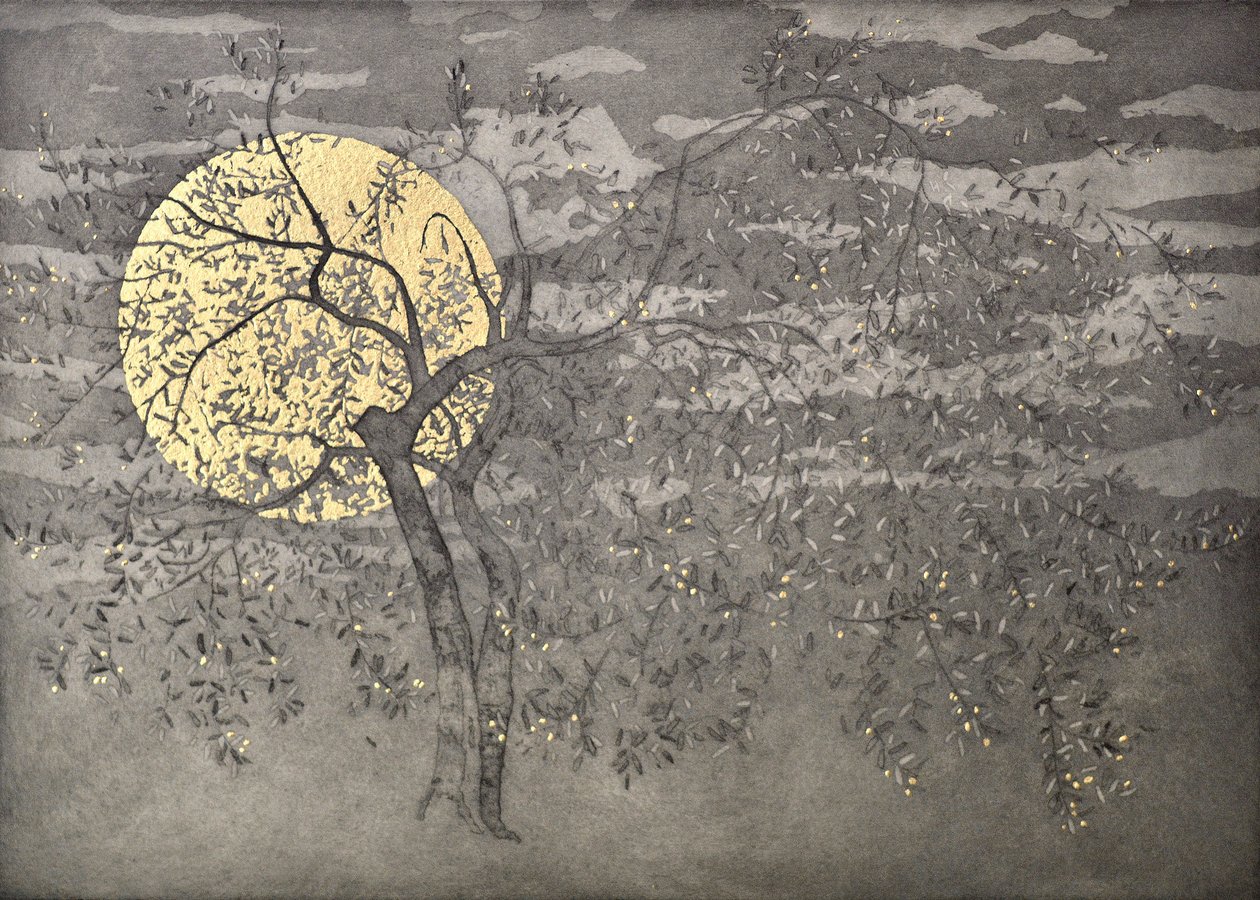 Flamenko duruşu, 2018, gravür ve aquatint, kağıt üzerinde altın varak ile by angus hampel