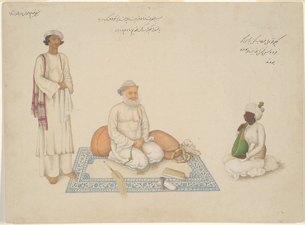 Sind Şahı İnayet Allah, Müzisyeni Makkhu ve Yardımcısı Şeyh Kıyamüddin ile birlikte, Fraser Albümünden bir sayfa by anonymous 