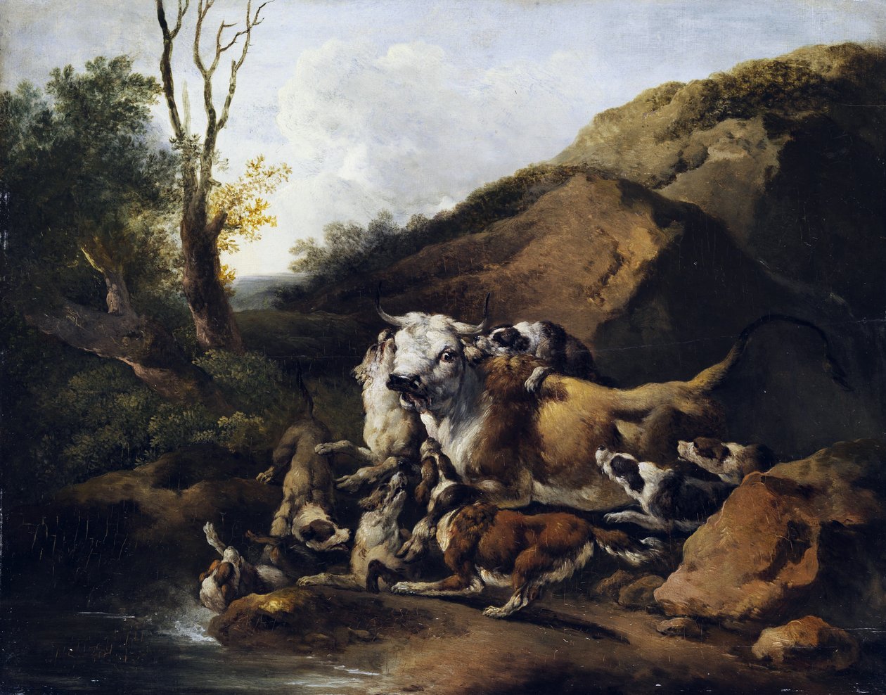 Bir grup av köpeğiyle savaşan yaban öküzleri by attributed to Johann Heinrich Roos