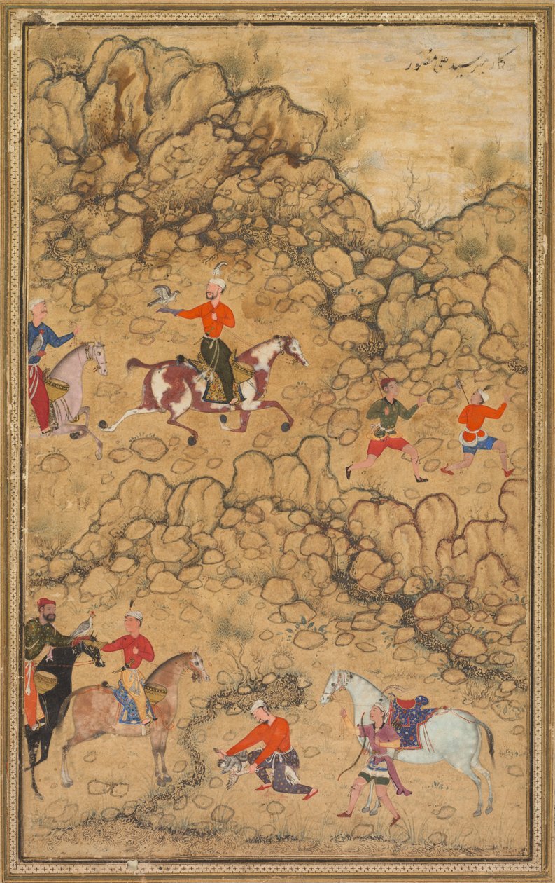 Bir manzarada şahinlerle avlanmak; Verso: Şarabı öven Çağatay Türkçesi şiirlerinin Kaligrafisi, Sultan Muhammed Nur (Farsça, c. 1472-1536) ve Mirza Muhammed (muhtemelen Farsça, aktif c. 1520
