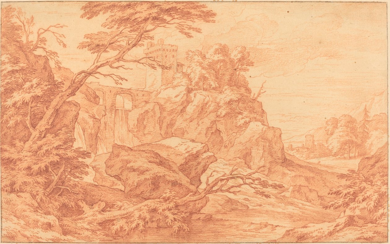 Taş Kule ve Şelale ile Kayalık Bir Manzara by attributed to Adriaen Frans Boudewyns