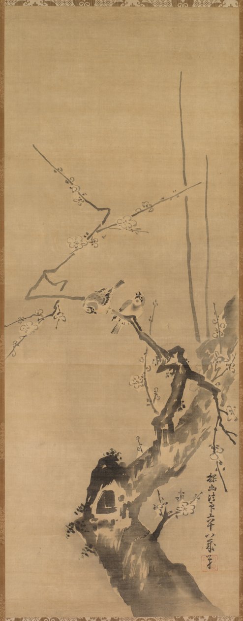 çiçek açan erik üzerinde serçeler by attributed to Kano Tan’yū