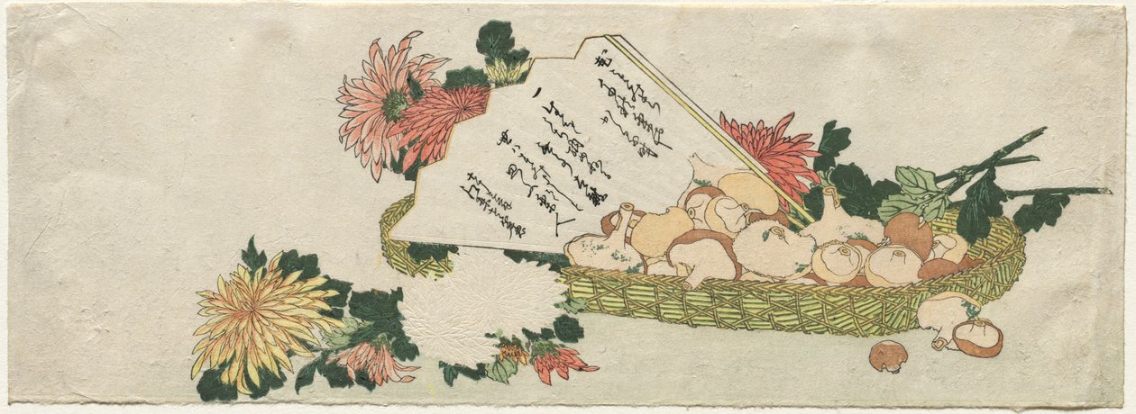 Vantilatörlü, Krizantemli ve Mantarlı Sepet by attributed to Katsushika Hokusai