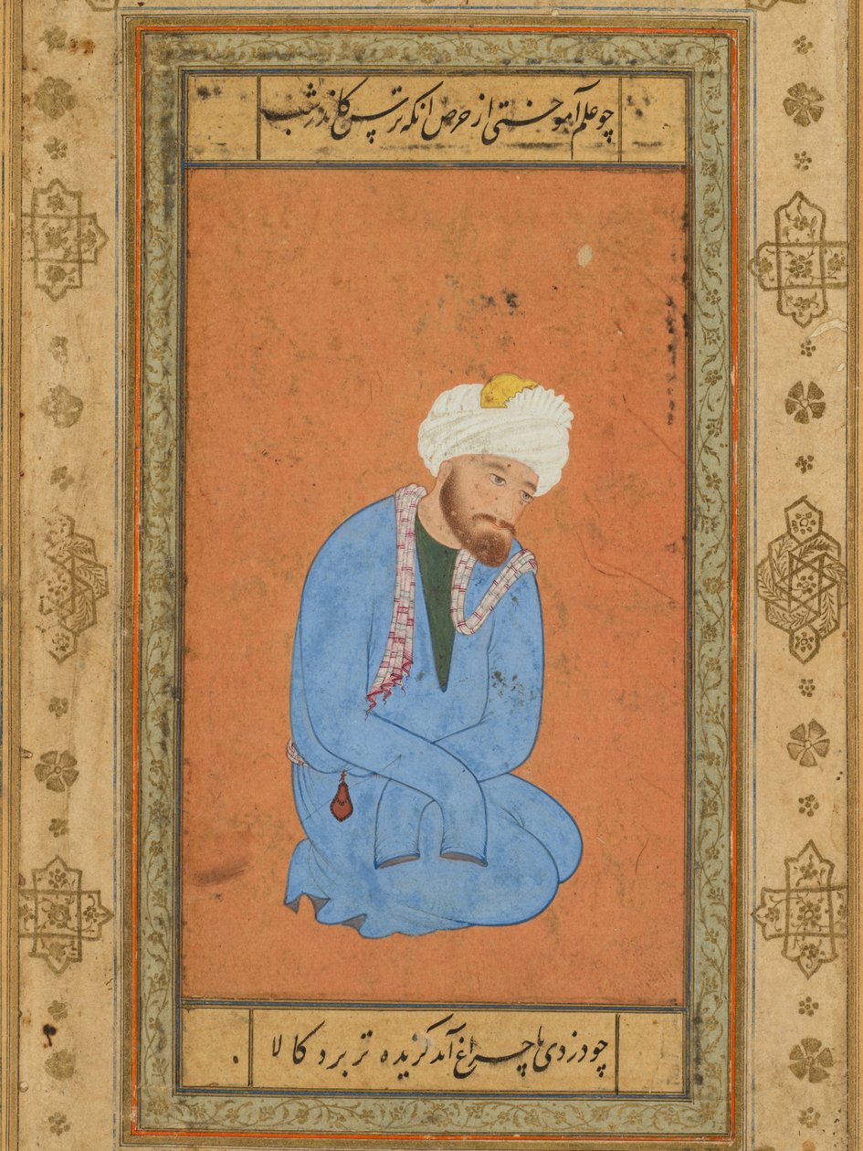 Prens Salim Albümünden diz çökmüş kutsal bir adamın portresi by attributed to Mir Sayyid Ali (Persian, active in India