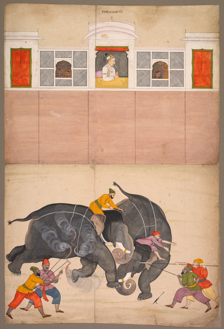 Muhammed Şah'ın Önünde Bir Avluda Kavga Eden İki Fil by attributed to Nainsukh