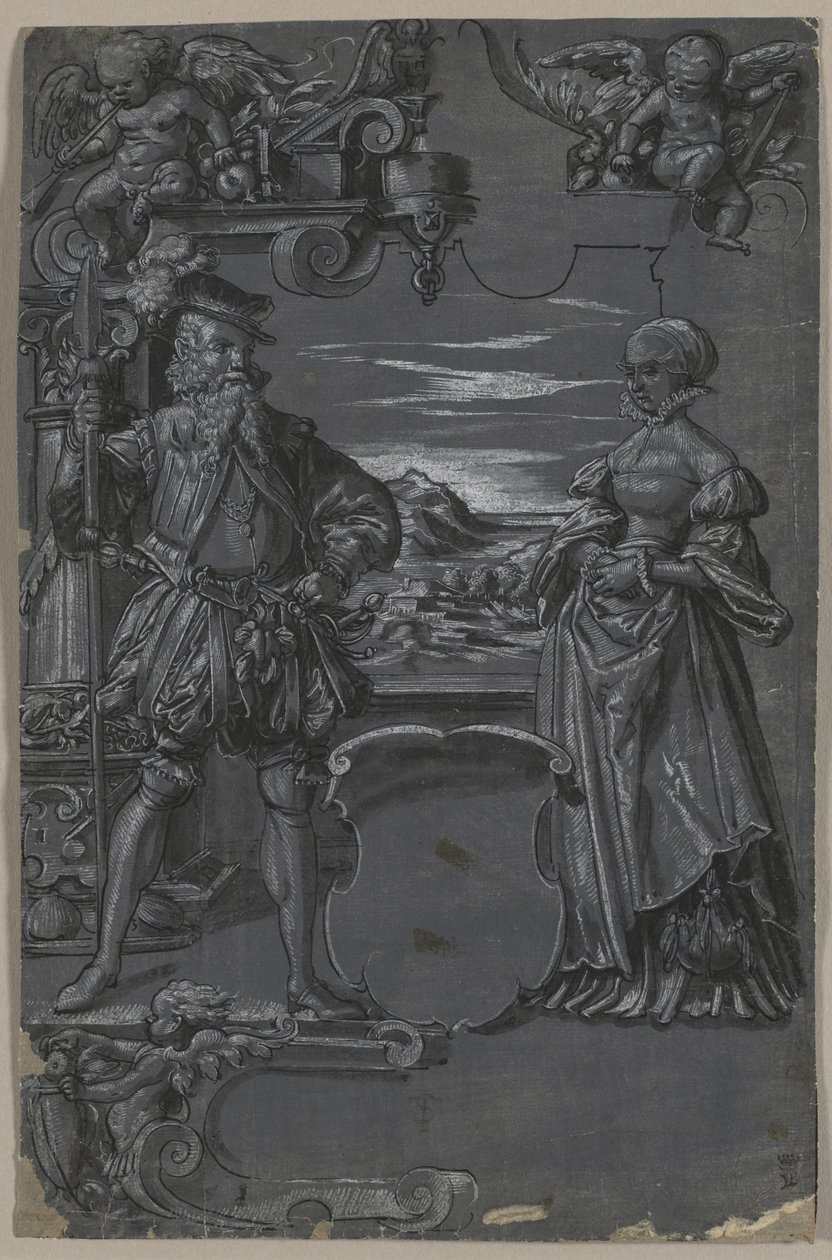 Cam Resmi için Tasarım: Mimari Ortamda Erkek ve Kadın by attributed to Tobias Stimmer