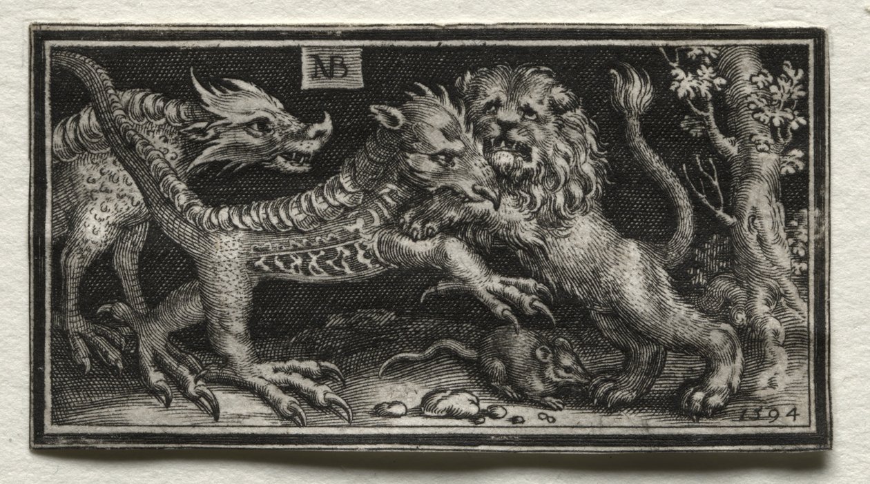 İki Canavarla Savaşan Aslan by attributed to Tobias Stimmer