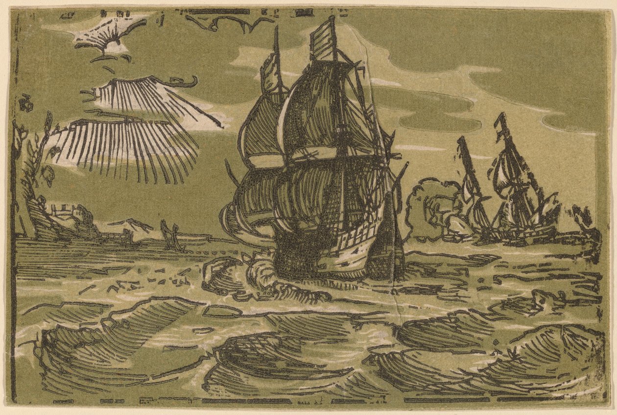 Bir Kıyı Şeridi Açıklarında İki Üç Kaptanlı Gemi by attributed to workshop of Willem Jansz. Blaeu