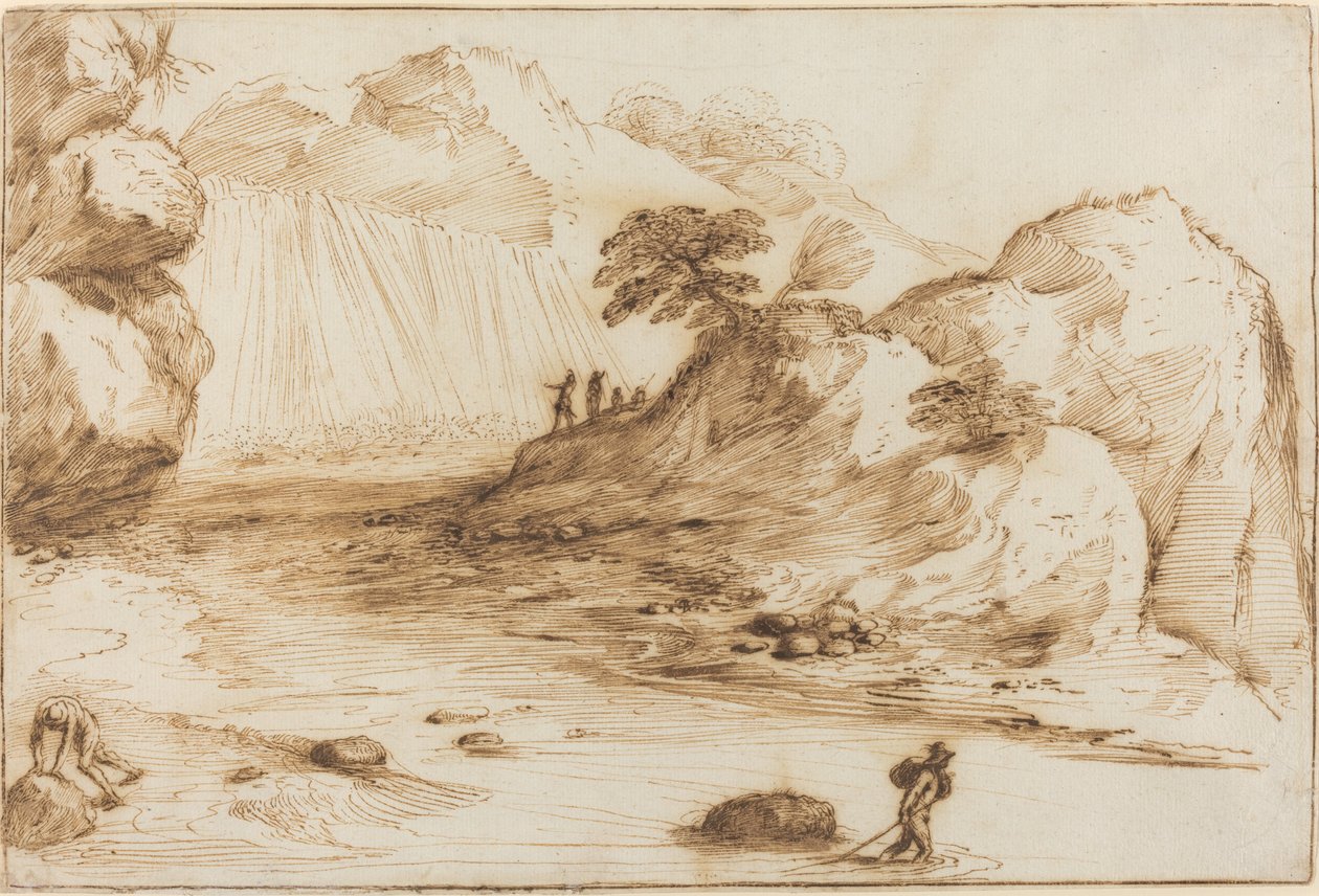 Şelaleli Manzara by called Guercino Giovanni Francesco Barbieri