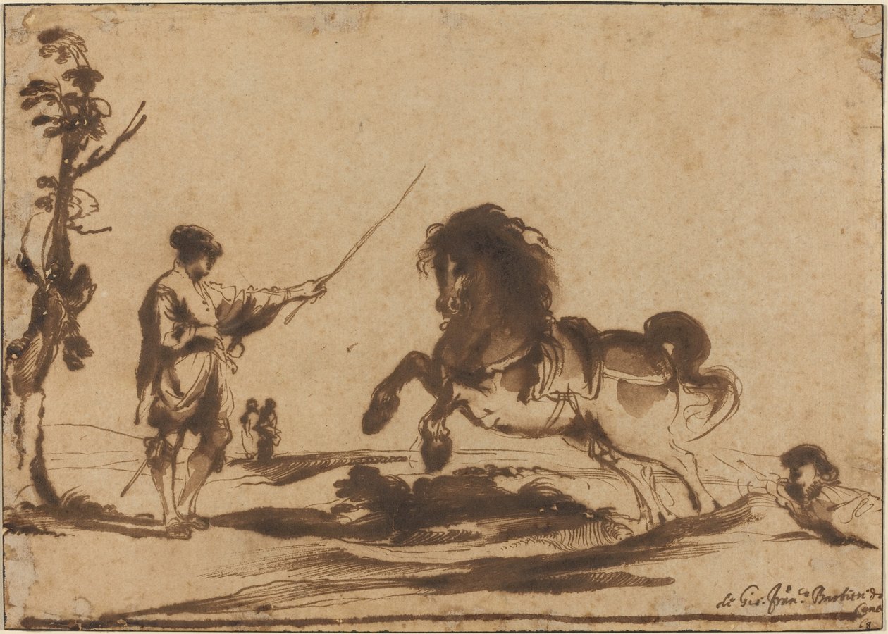 Bir Atın Evcilleştirilmesi ile Manzara by called Guercino Giovanni Francesco Barbieri