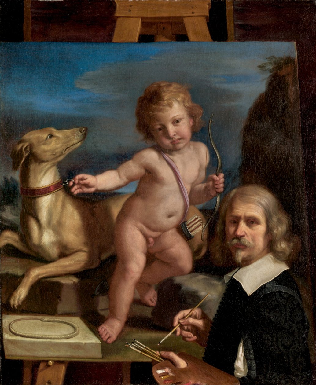 "Amor Fedele" Tablosunun Önündeki Otoportre by called Guercino Giovanni Francesco Barbieri
