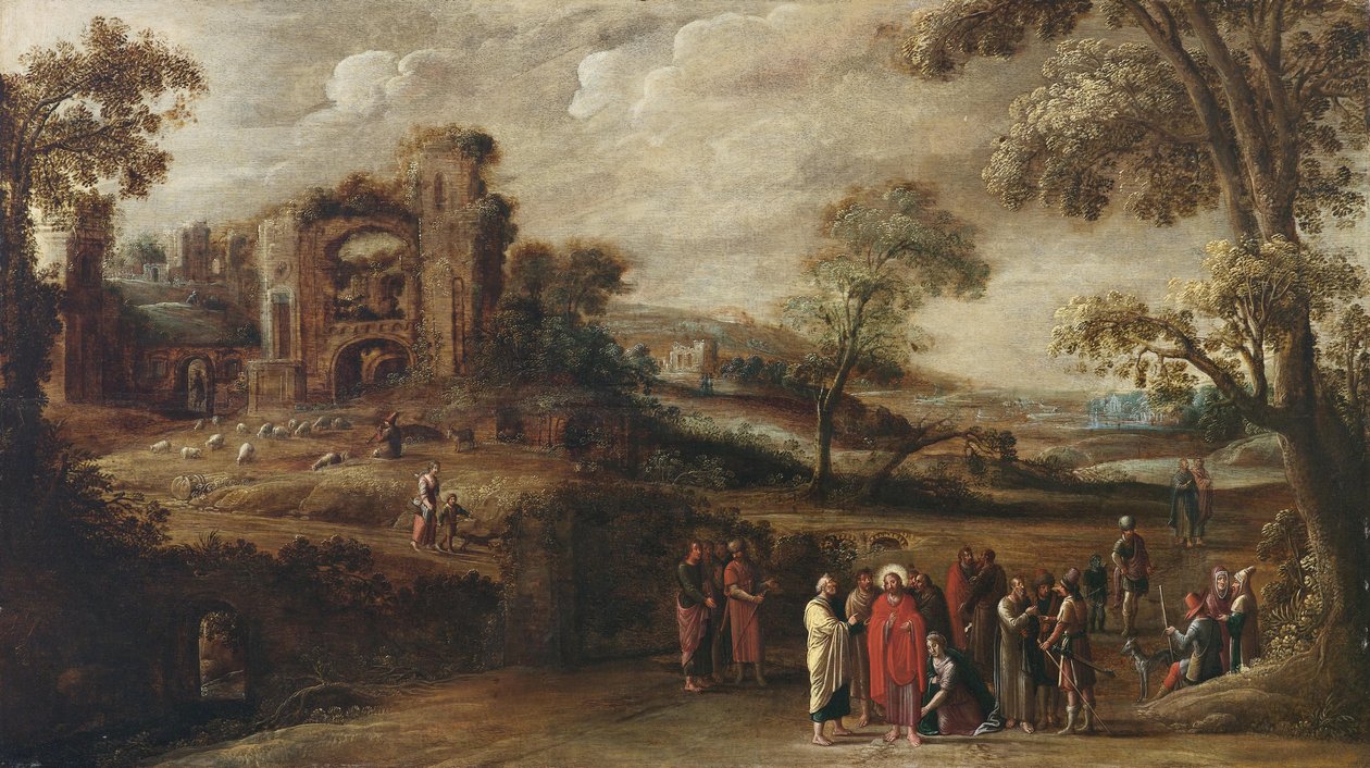 Mesih kanlı kadını iyileştirir by circle of Simon Jordaens
