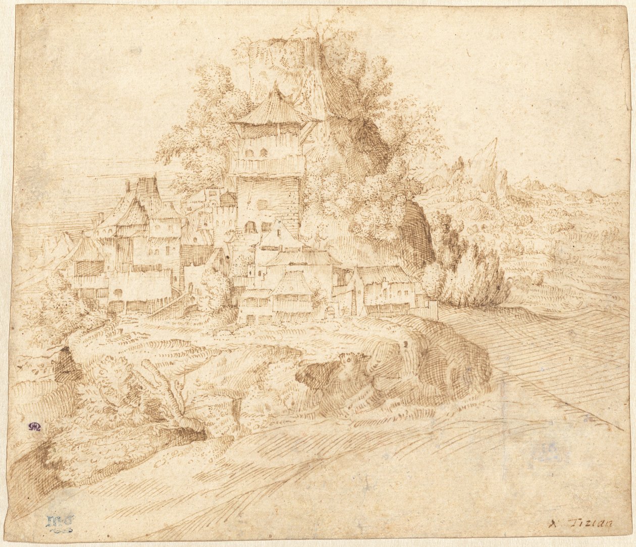 Bir Tepenin Eteğinde Yuvalanmış Bir Köy (recto) by circle of Giorgione