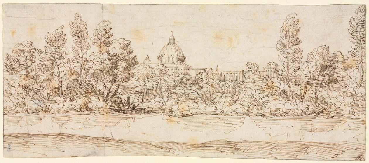 Aziz Petrus Bazilikası manzaralı nehir manzarası by circle of Giovanni Francesco Grimaldi