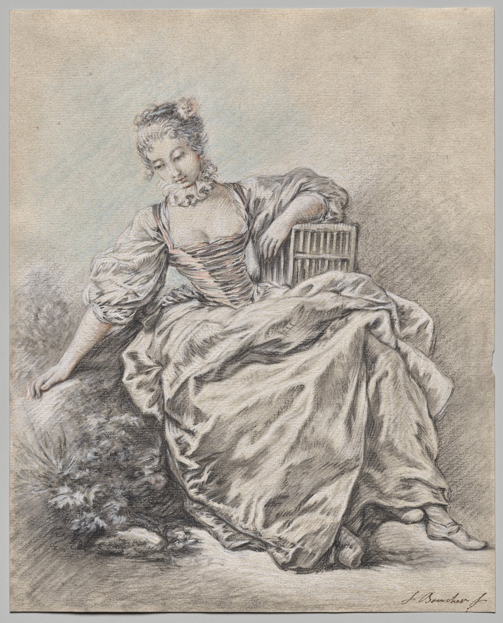 Kuş Kafesi Tutan Oturan Kadın by copy after François Boucher