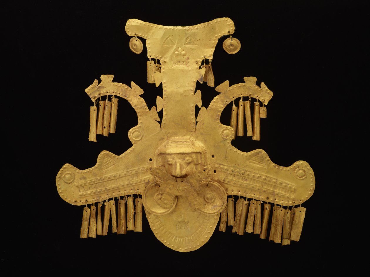 Tepeli timsahlarla çevrili başları olan başlık süsü, Yotoco dönemi, c.100-700 (altın) by culture Calima