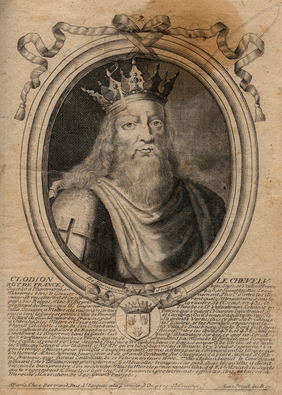 Clodion dit “” Le Chevelu”” (428-448), Merovingianların atası, Salians Frangı şefi - Clodion The Hairy (c.428-47) Salian Franks Kabilesinin Kralı - 'Les Augustes Representations'dan gravür de tous les Kings de France dan Pharamond t by de Larmessin