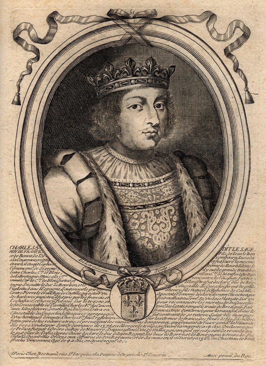 Charles V the Sage (1338 - 1380) - Charles V bilge veya Charles V the Sage, Valois Evi'nden Fransa Kralı - 'Les Augustes Representations de tous les Kings de France'dan Pharamond'dan LouisXIV'e, Paris'ten gravür by de Larmessin