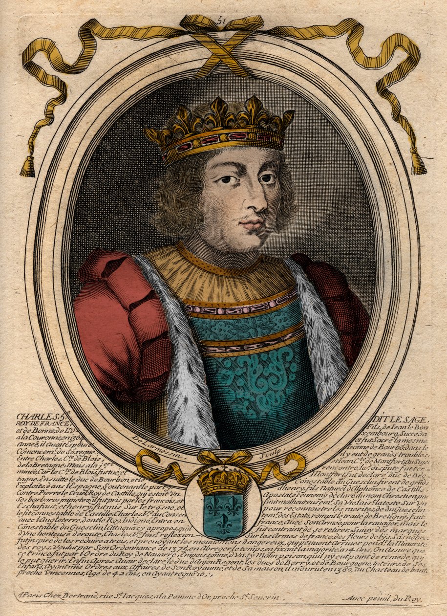Charles V the Sage (1338 - 1380) - Charles V bilge veya Charles V the Sage, Valois Evi'nden Fransa Kralı - 'Les Augustes Representations de tous les Kings de France'dan Pharamond'dan LouisXIV'e, Paris'ten gravür by de Larmessin