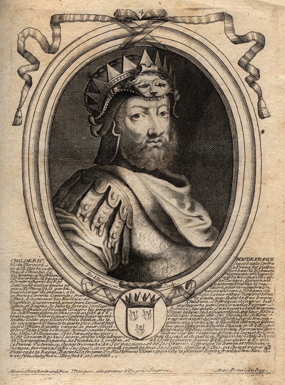 Childeric I, Salians Francs kralı (436-481) - CHILDERIC I King of Salian Franks - 'Les Augustes Representations de tous les Kings de France'dan Pharamond'dan Louis XIV'e, Paris'ten gravür by de Larmessin