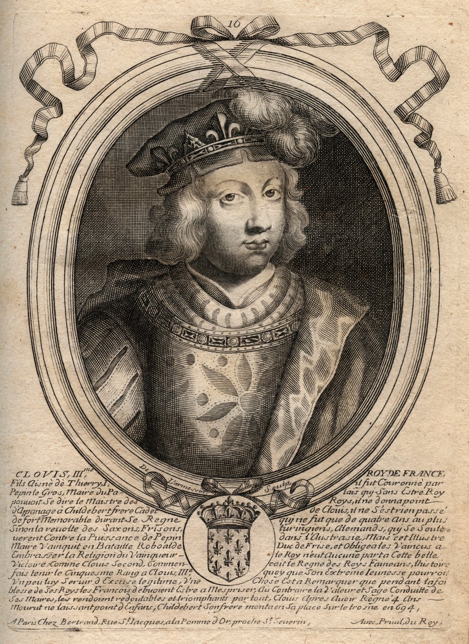 691'den 695'e kadar Frangın kralı Clovis III'ün portresi - CLOVIS III Merovingian Neustria ve Austrasia kralı - 'Les Augustes Representations de tous les Kings de France'dan Pharamond'dan Louis XIV'e', Paris'ten gravür by de Larmessin