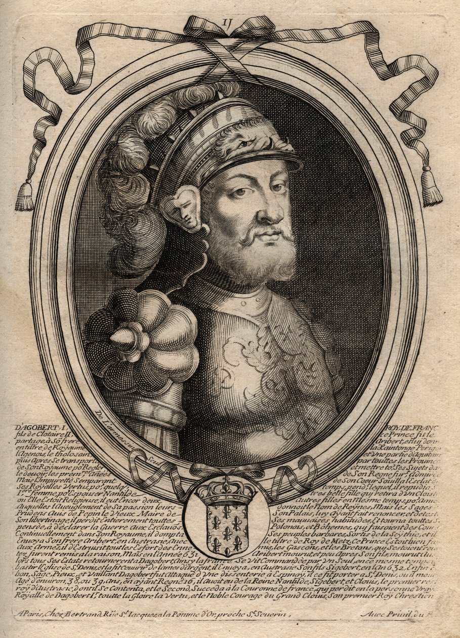628'den 638'e kadar Frank Kralı Dagobert'in portresi - Dagobert (605-39) Frankların Kralı - 'Les Augustes Temsilleri de tous les Kings de France'dan Pharamond'dan Louis XIV'e', Paris'ten gravür by de Larmessin