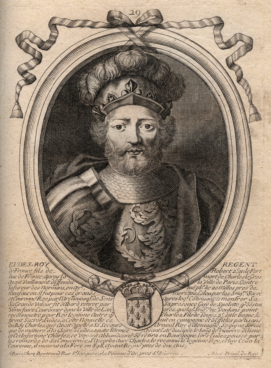 Eudes'in (Odon) portresi (v. 860 - 898), Paris ve Troyes Kontu, ardından Fransa Kralı - İmparator Charles'ın tahttan indirilmesinden sonra Fransız tahtına seçilen Paris'in EUDES kontu - 'Les Augustes Representations de tous les'den grav by de Larmessin
