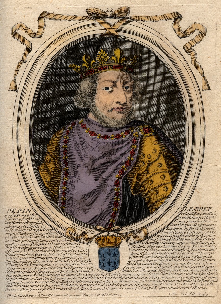 Pepin III dit Pepin le Brief (714-768) kralı Fransa kralı - Pepin III (714-768) (Kısa Pepin) Franks Kralı - 'Les Augustes Representations de tous les Kings de France'dan Pharamond'dan Louis XIV'e gravür ', Paris by de Larmessin