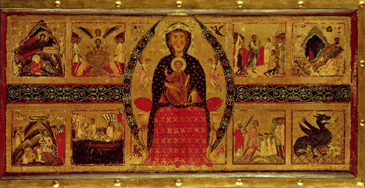 Bakire ve Çocuk Enthroned, Doğuş ve Azizlerin yaşamlarından sahnelerle, 1260 by di Magnano da Arezzo Margaritone
