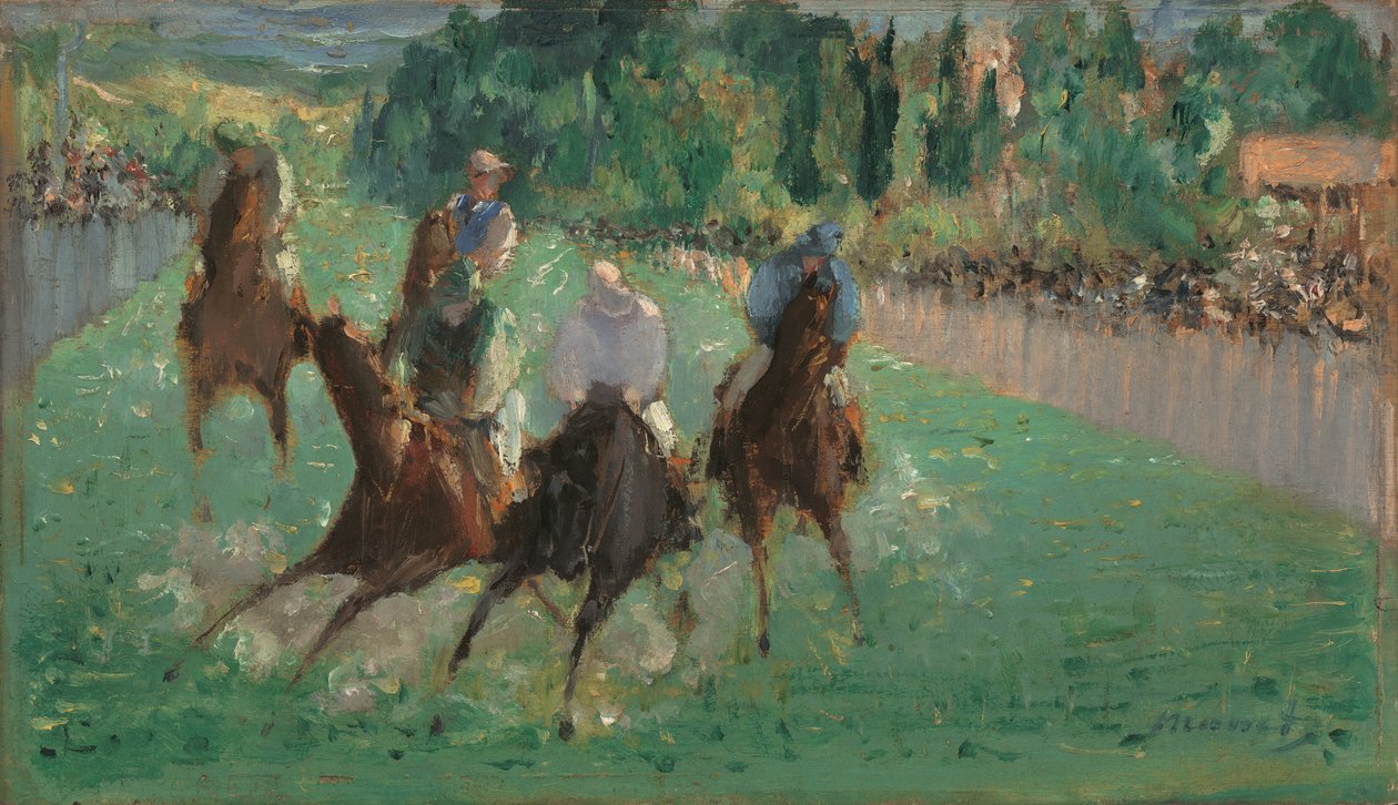 Yarışlarda, c.1875 (tahta üzerine yağlı boya) by Édouard Manet