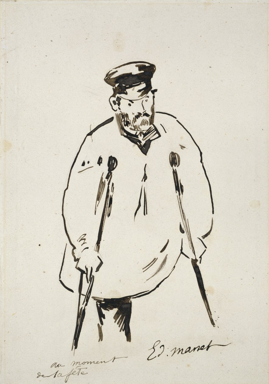 Koltuk değneklerindeki adam (ince dokulu beyaz kağıt üzerinde kamış kalem ve siyah mürekkeple grafit) by Édouard Manet