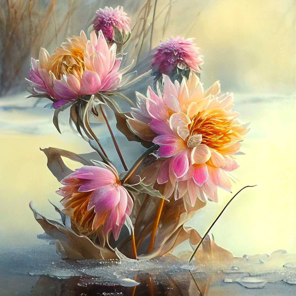 Buzlu bir rüzgarla bükülen soyut pembe ve sarı dahlias çiçekleri, Sanat baskıları by F. Abderrahim