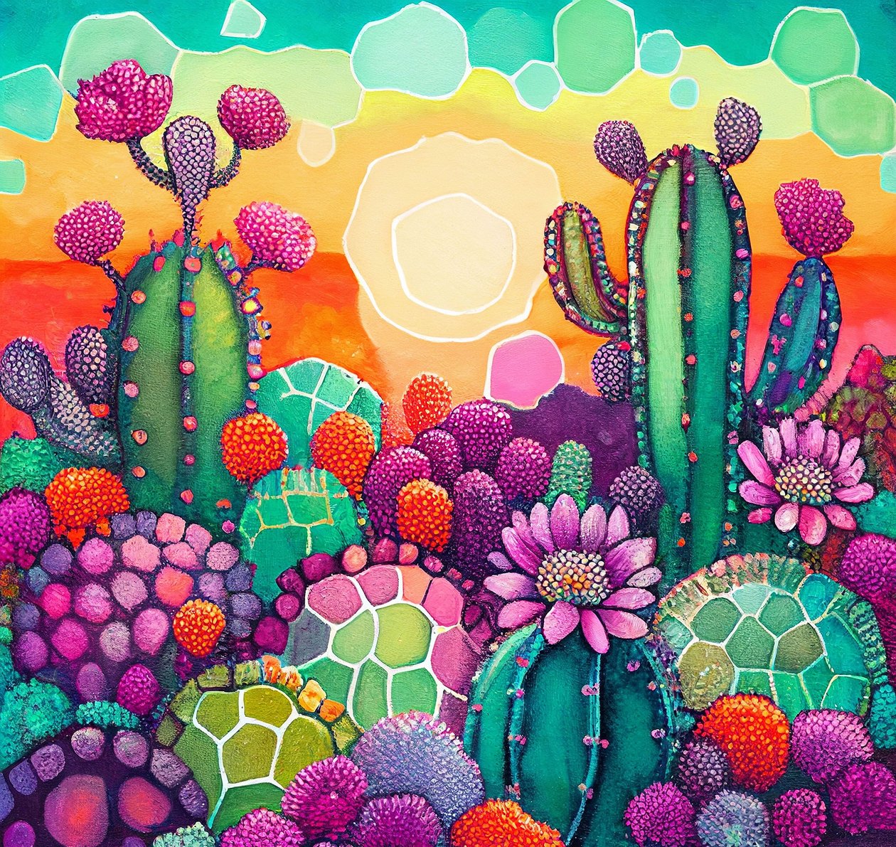 Desert Bloom: Kaktüs Yaylalarında Gün Batımının Renkli Soyut Resmi by F. Abderrahim