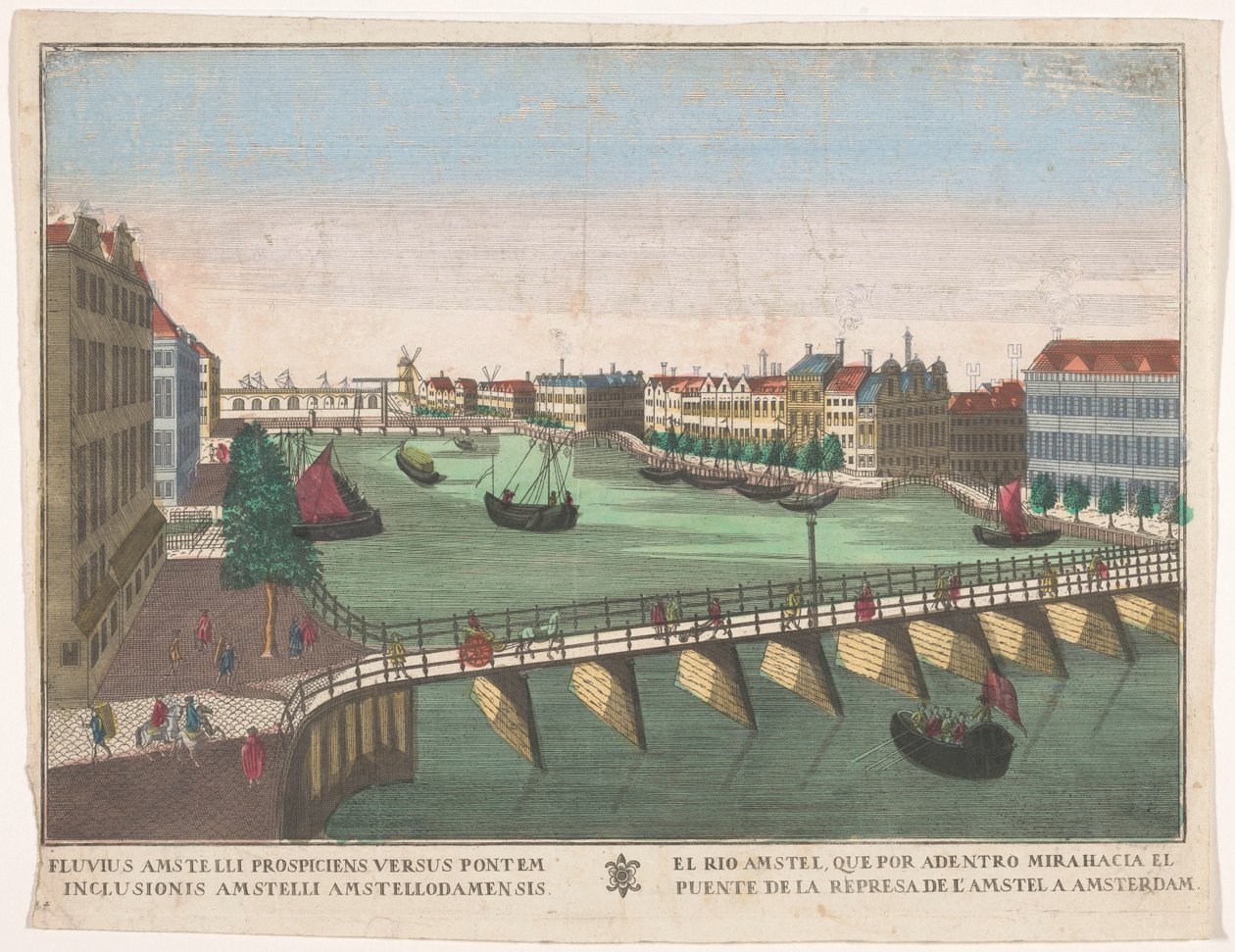 Amsterdam'daki Blauwbrug ve Hogesluis arasındaki Binnen-Amstel'in görünümü El rio Amstel, que por adentro mirahacia el puente de la represa de l'Amstel a Amsterdam (nesne üzerinde başlık) by familie Remondini (attributed to)