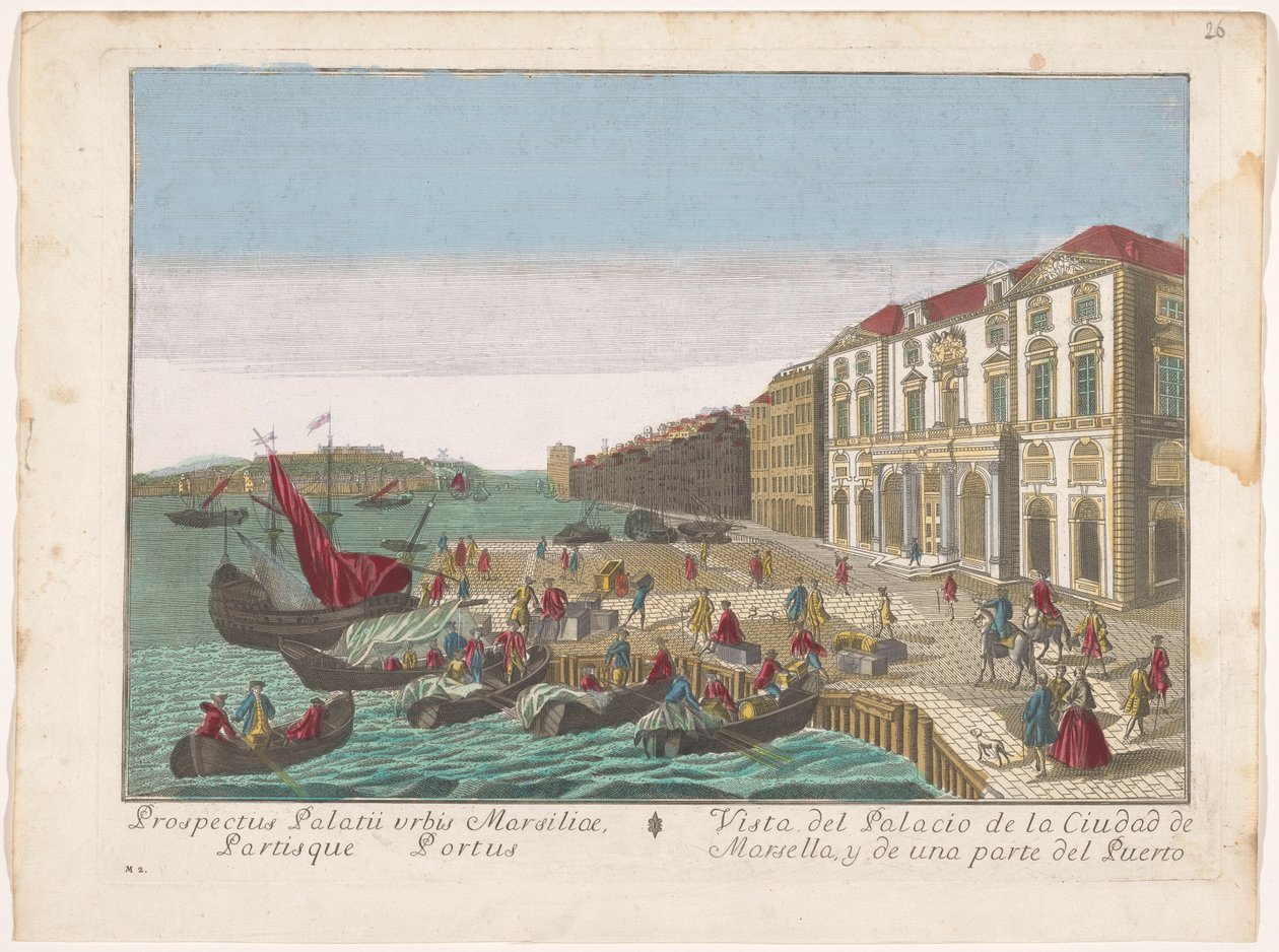 Gezicht op het Stadhuis en dehaven te Marsilya Marsilya Şehir Sarayı'nın görünümü ve limanın bir kısmı (nesne üzerindeki başlık) by familie Remondini (attributed to)