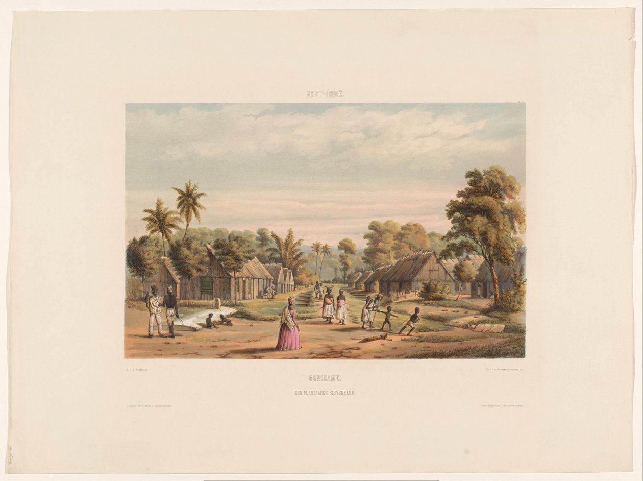 Bir Slavenkamp Surinam çiftliğinde köle odaları. Bir plantasyon köle kampı (nesne üzerindeki başlık) by jonkheer Jacob Eduard van Heemskerck